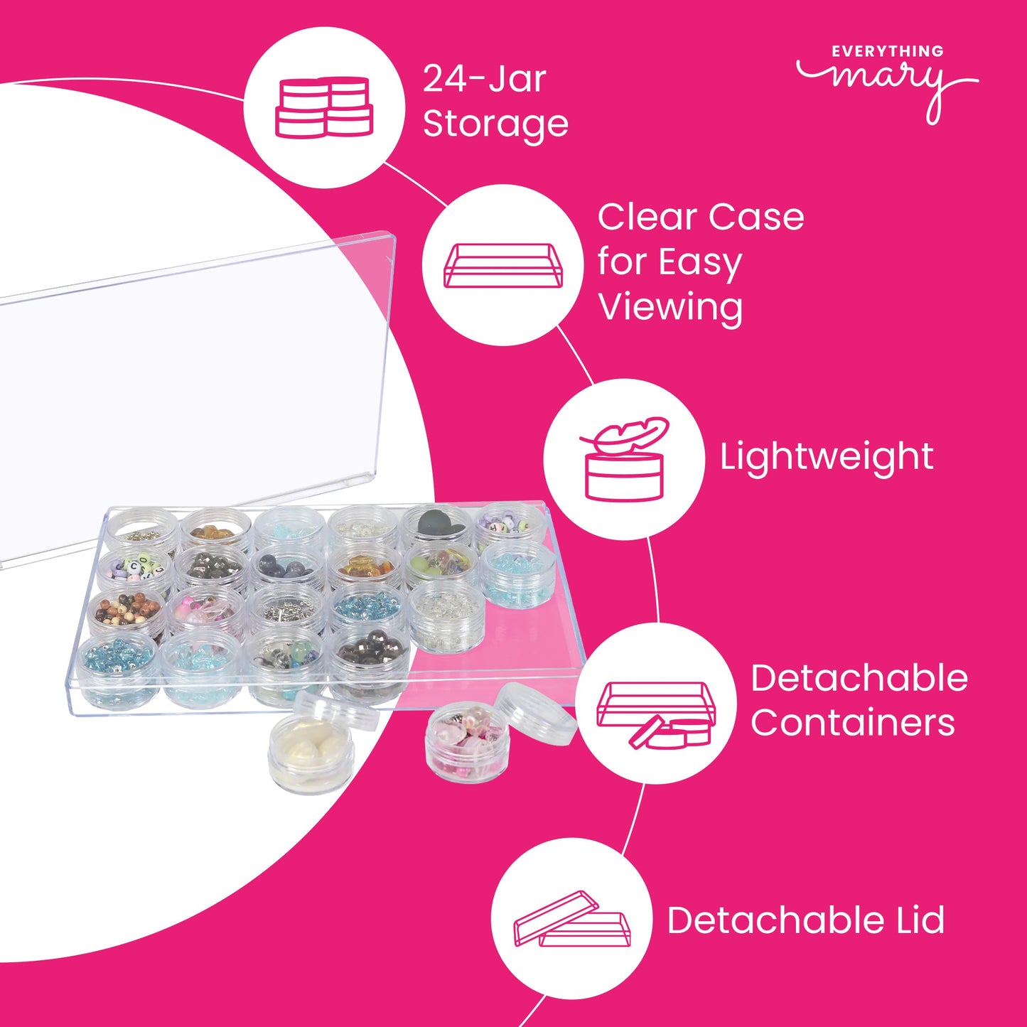 Everything Mary Large Plastic Bead Storage Organizer Box with 24 Stackable Jars – Craft Storage for Beads, Diamond Painting & Small Supplies